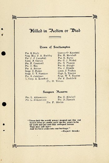 â€œIn honoured memory of the men of Southampton and Saugeen Reserveâ€ 1922, p. 7